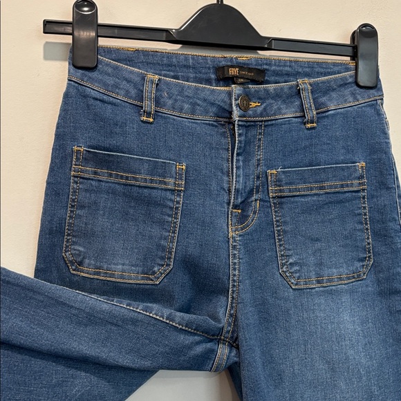 FRYE Wide Leg Jeans Raw Hem Blue Denim High Rise Patch Pockets Size 25 - Picture 12 of 14